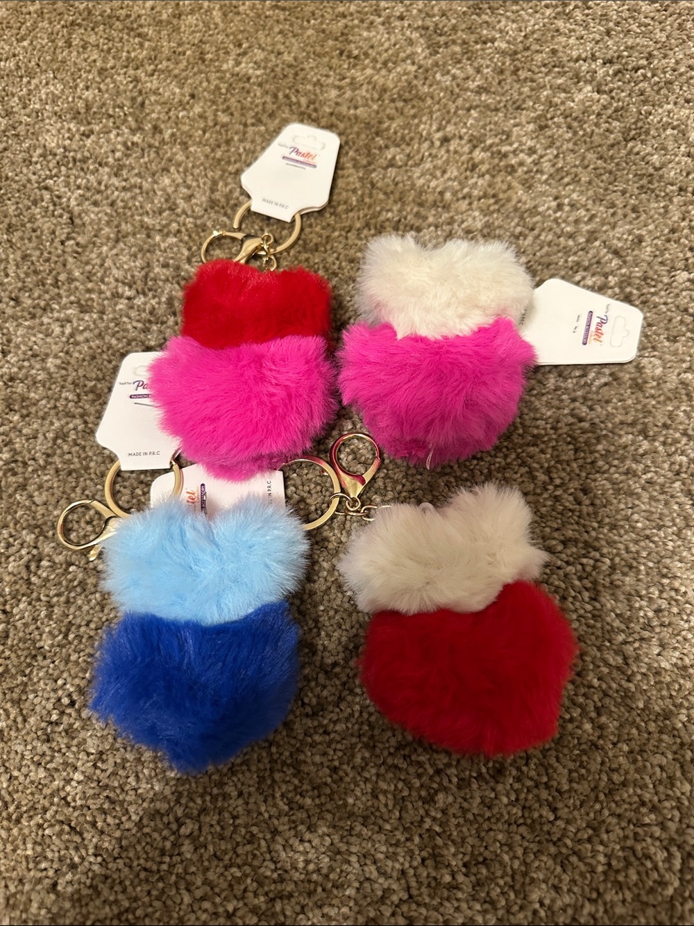 Fuzzy Heart Pom Keychains - Pink, Red, Blue, White